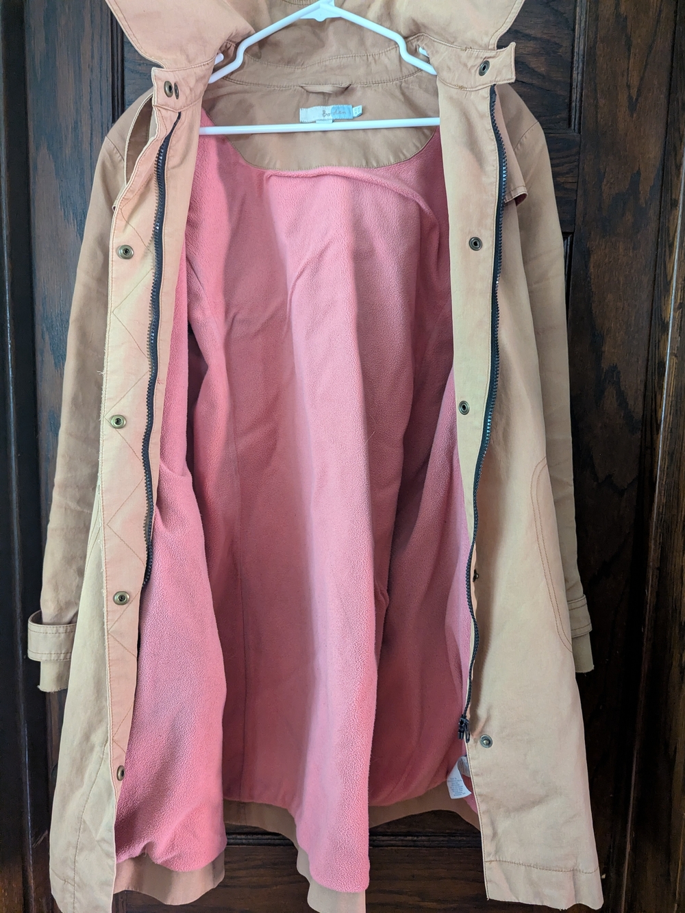 Boden Heavy Camel Trench Coat Removable Hood Pink Fleece Lined - US 16/18 UK20 - Picture 2 of 9